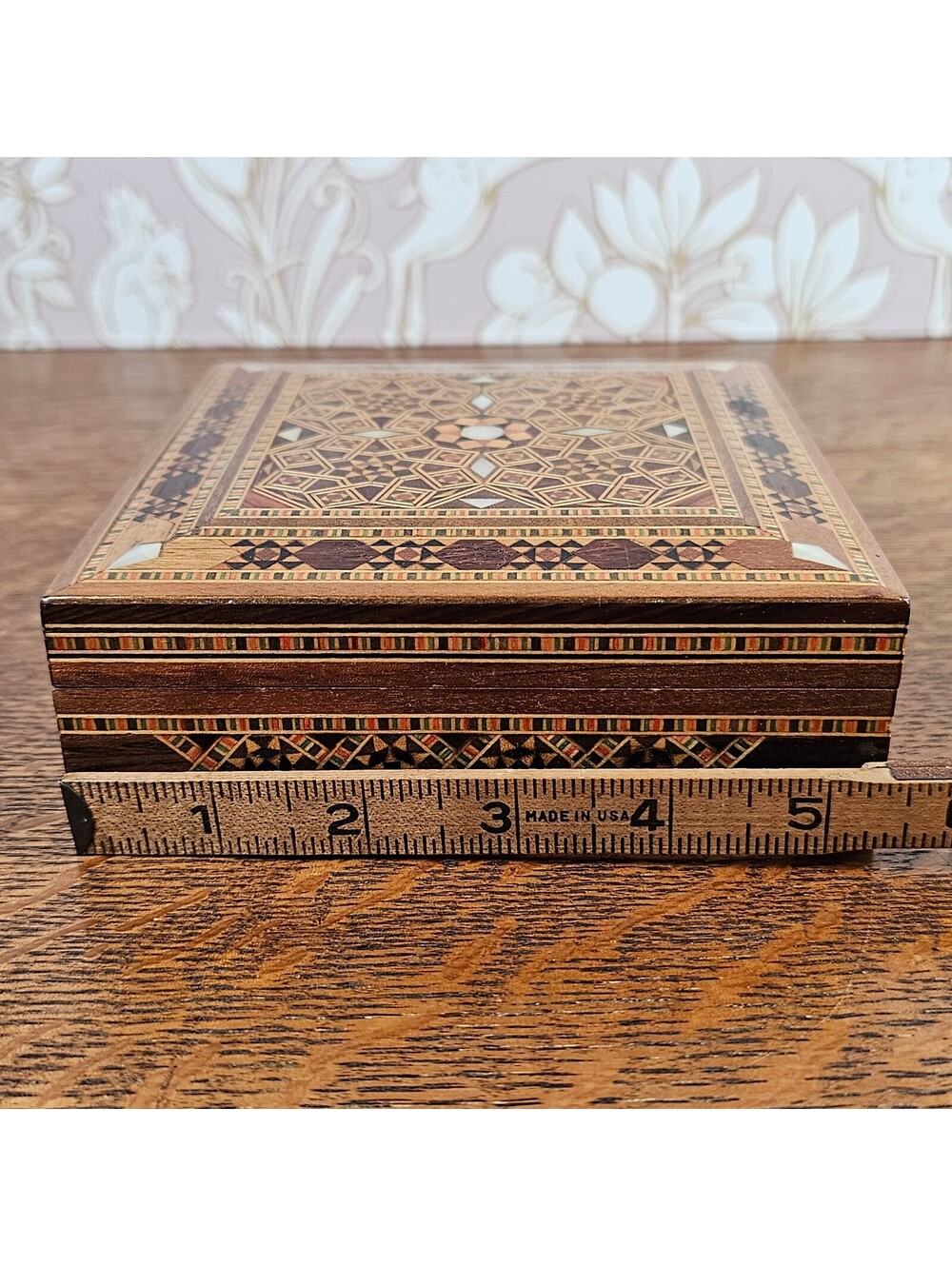 Vintage Damascus Mosaic Wood Jewelry Box Mother of Pearl Inlay 5 Inch - Picture 13 of 14